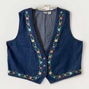 Vintage Stonybrook Denim Vest with Floral Embroidery Mom Teacher Cottagecore 2XL